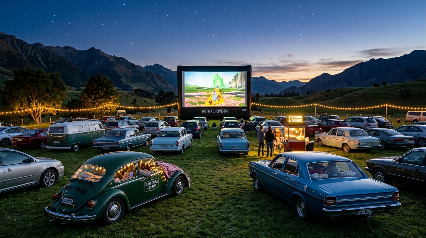 Firefly Cinemas outdoor drive-in movie night screening setup at dusk